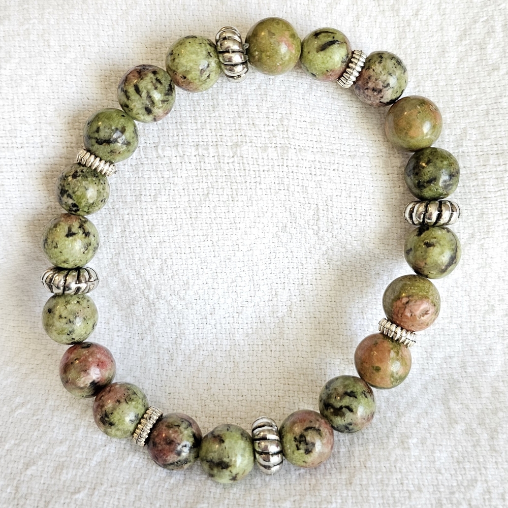 Green and Pink Natural Stone Bracelet with Silver Accents
